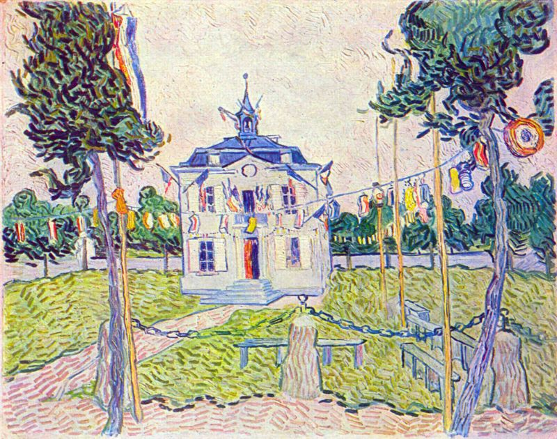 An art print of 'The Community House in Huvers' by Van Gogh, featuring a building with trees in the foreground, rendered in bold, bright colors typical of impressionist art.