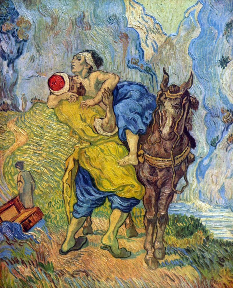 A painting featuring a figure in a yellow and blue dress sitting next to a horse, with a stylized, colorful background.