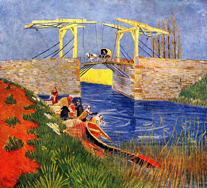 A colorful artwork depicting 'The Langlois Bridge' by Vincent van Gogh, with vibrant blues, yellows, and greens, showing a bridge over a river with figures and boats in the foreground.