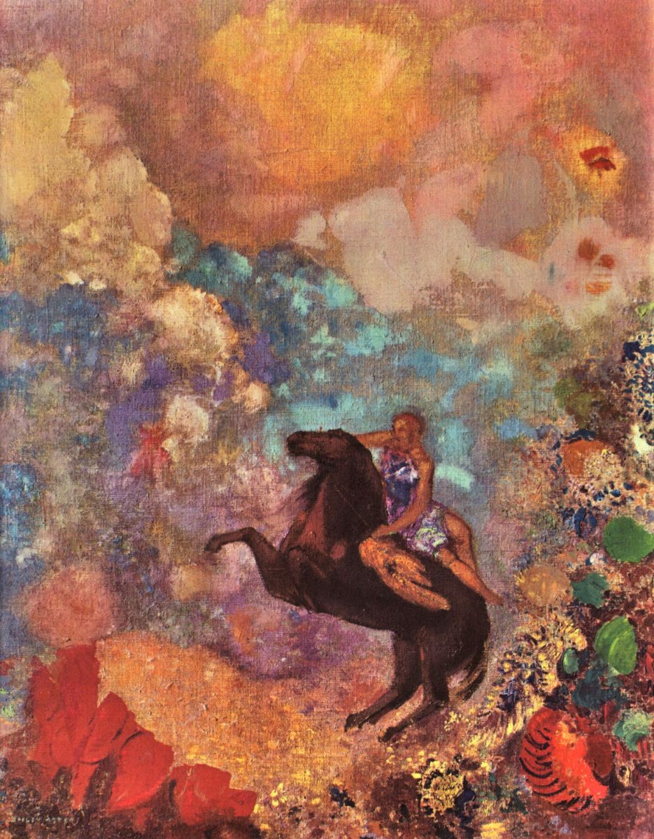 A surreal painting of a woman riding a black horse against a colorful, cloud-like background. Rich in reds, yellows, and blues, conveying a dreamy, mystical tone.