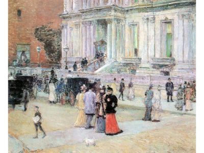 A framed print featuring a city street scene with people, buildings, and a horse-drawn carriage, characteristic of an Impressionist style.