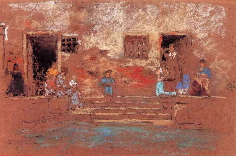 A artwork featuring figures seated on steps with a warm color palette, likely a part of the Whistler collection.