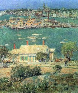 A painting featuring The Port of Gloucester with boats and buildings depicted in black, blue, green, and other colors on a canvas.