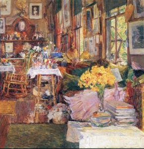 A painting titled 'The Room of Flowers' by Hassam Childe, depicting an interior scene with a table covered in floral arrangements and books, surrounded by windows with light coming through.