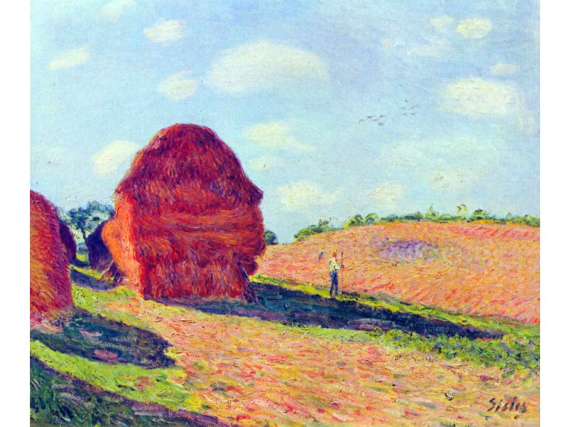 A painting featuring a straw stack in a field with a predominantly red and yellow color palette, indicative of Impressionist art.