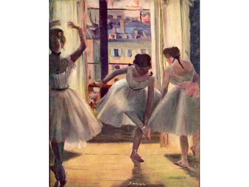 A painting featuring three ballet dancers in a practice room, primarily dressed in white and pink, with Edgar Degas' signature soft impressionistic brushwork.