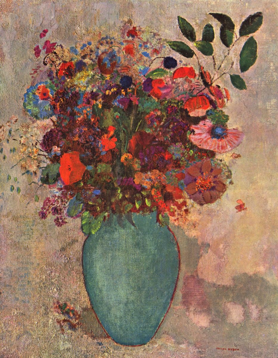 A colorful floral artwork depicting a vase with various flowers, placed against a soft-focus background.