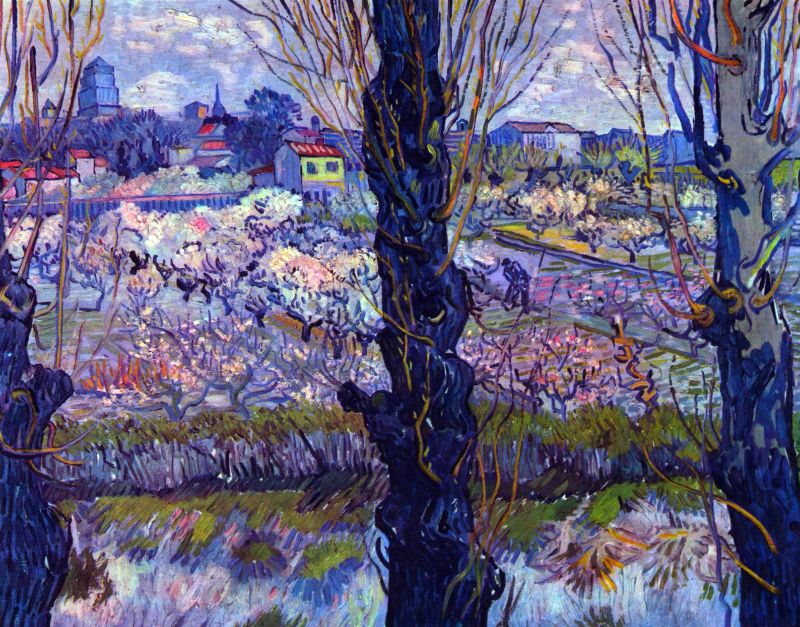 A printed wall art featuring a colorful landscape painting with trees in the foreground and a village in the background, in the style of Van Gogh.