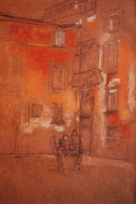 A sketch of a venetian courtyard with buildings and a figure sitting, predominantly in warm tones.