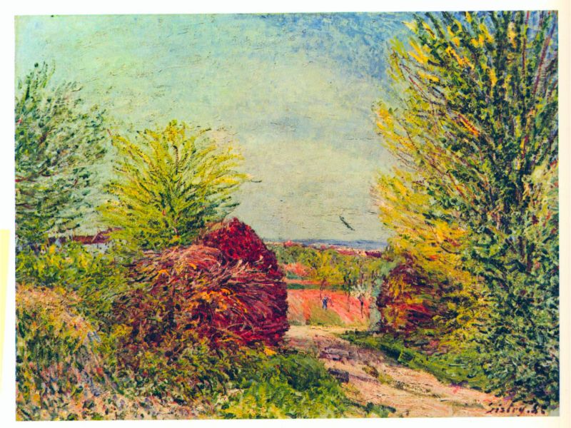 A painting featuring a landscape with trees, grass, and a path, indicative of a spring setting with vibrant colors.
