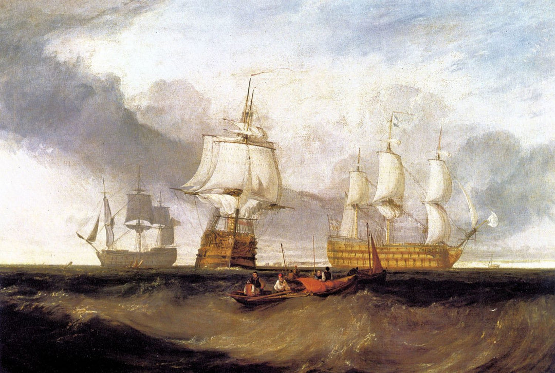 A painting depicting a historical maritime battle scene with multiple ships and a small boat in the foreground.