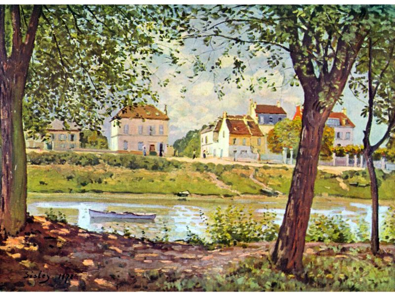 A printed artwork depicting a landscape with a village on the banks of a river, featuring trees, buildings, and a pathway.