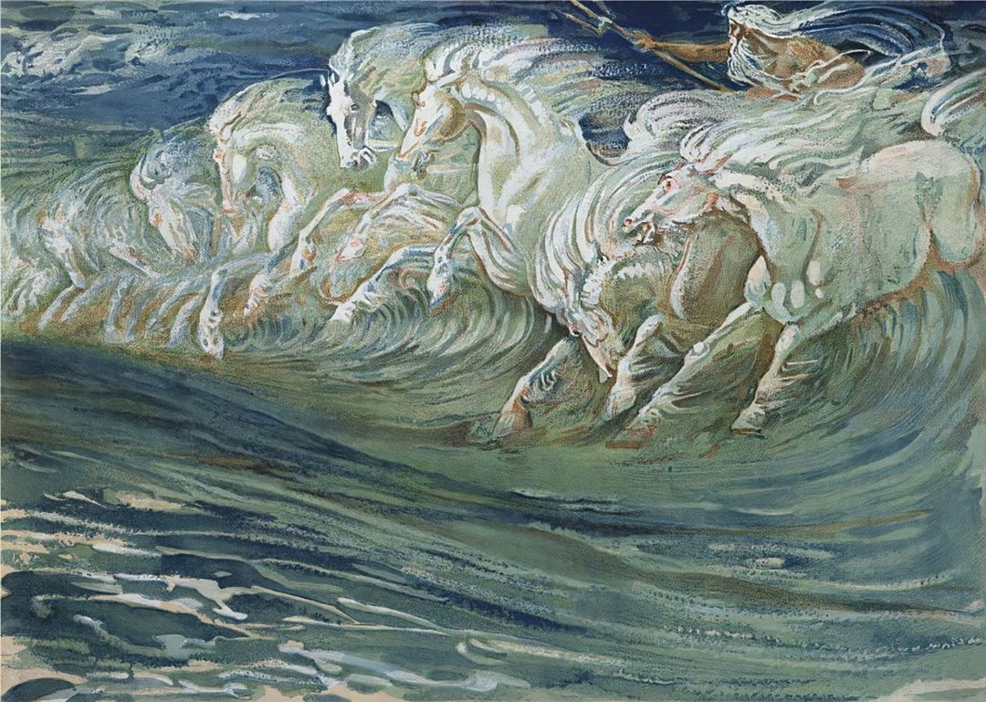 A painting of Neptune's horses with a stormy sea background.