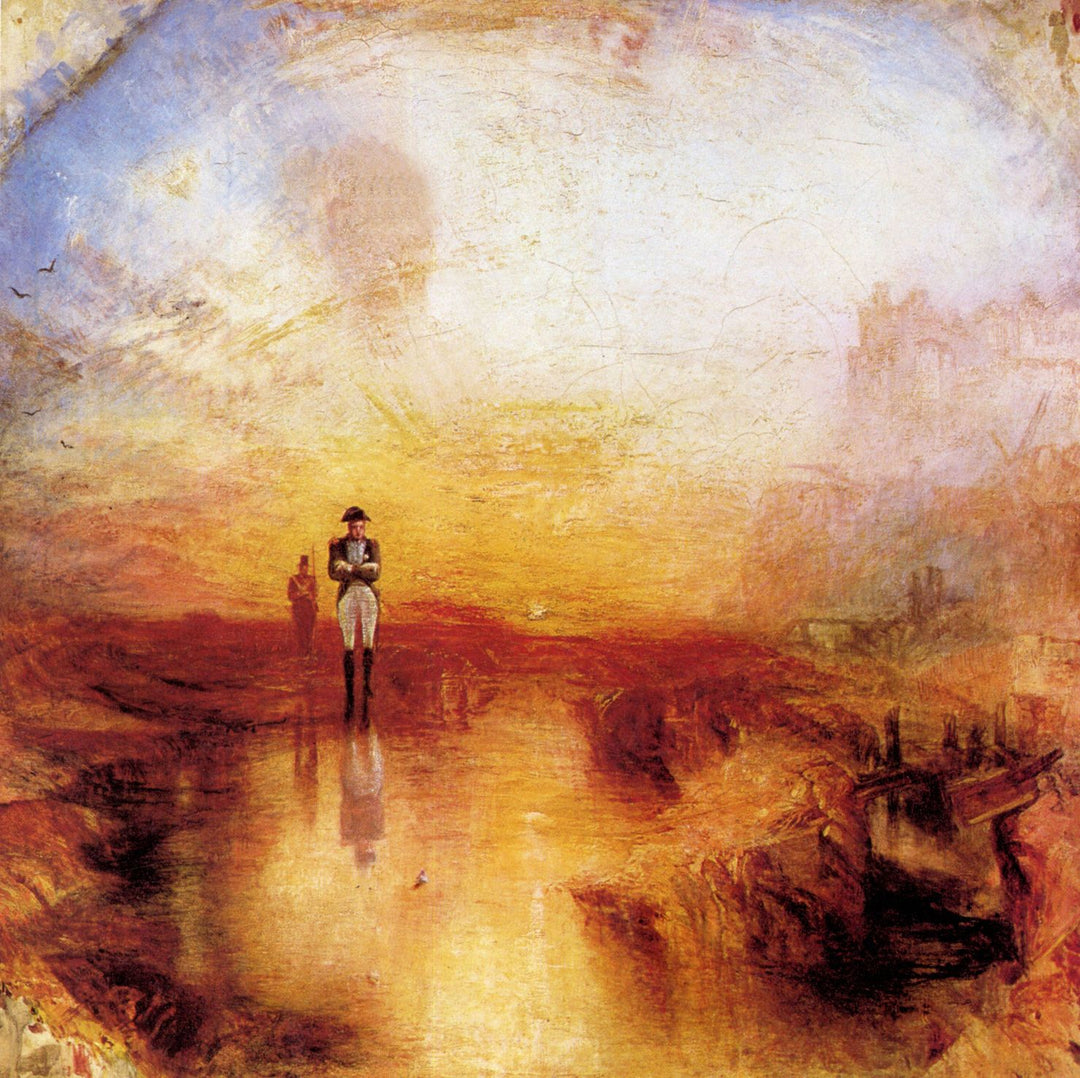 A painting depicting a sunset with a figure in the foreground on a reflective surface, with a hazy landscape in the background.