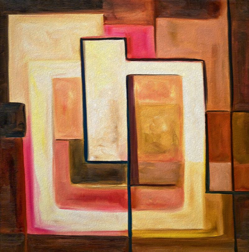 An abstract painting featuring various geometric shapes in a warm color palette, including beige, brown, red, and yellow.