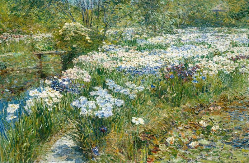 A painting featuring a water garden with white and blue flowers, likely from the Impressionism period.