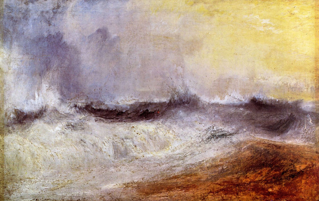A painting featuring abstract waves with a mix of brown, blue, white, and yellow colors, indicative of Joseph Mallord Turner's expressionistic style.