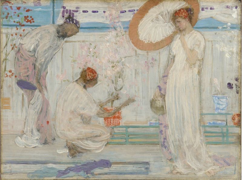 A painting featuring three individuals in a soft, monochromatic color palette with hints of purple and red, engaging with each other in a scene that evoke the style of Whistler's 'The White Symphony'.