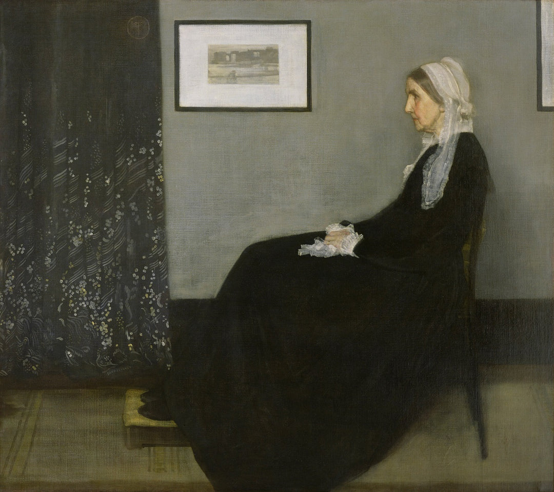 A painting titled 'Whistlers Mother', featuring a seated woman in black attire against a monochrome interior setting.