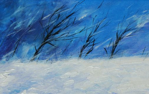 Abstract artwork depicting a winter landscape with blue sky and snow-covered ground, accompanied by dark, stylized trees.
