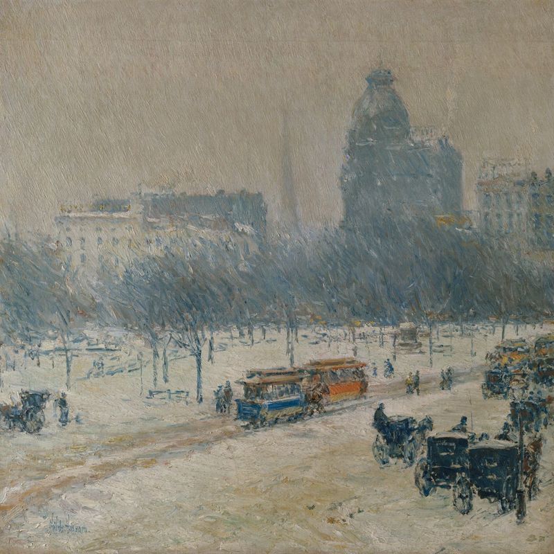 A framed painting showcasing a winter scene in Union Square with snow on the ground, buildings in the background, and horse-drawn carriages.