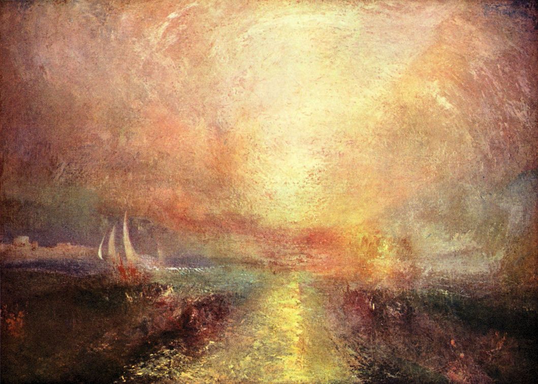 A painting featuring a coastal scene with a yacht in the distance, depicted in a romanticized style with warm colors and a setting sun.
