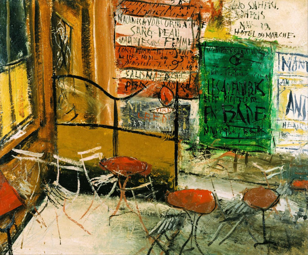 An artistic representation of a cafe terrace with colorful posters on the wall, featuring chairs and a dining table.