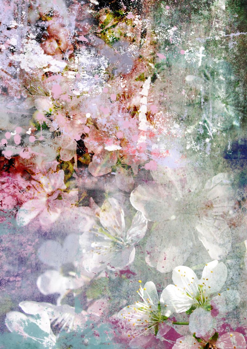 An abstract painting featuring various colors including pink, purple, white, and green, with a blurred image of cherry blossoms.