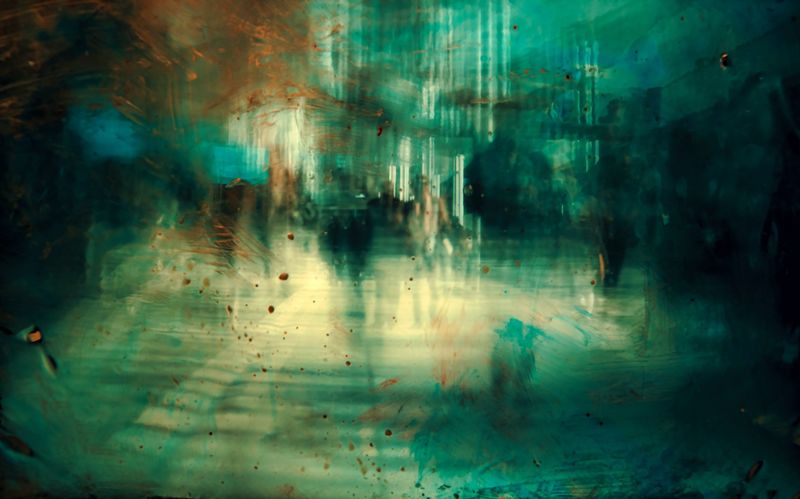 This image presents a close-up view of a section of the "jr korpa 27" artwork, emphasizing its complex and surreal nature. The visible section shows an abstract composition in a vibrant green hue, with hints of blue and yellow, creating a fantastical and emerging-art vibe.